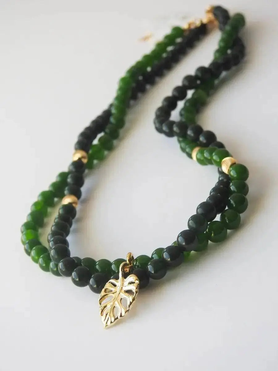 Jade Tropic – Green Jade Jewelry with Gold Monstera Leaf Pendant view 5